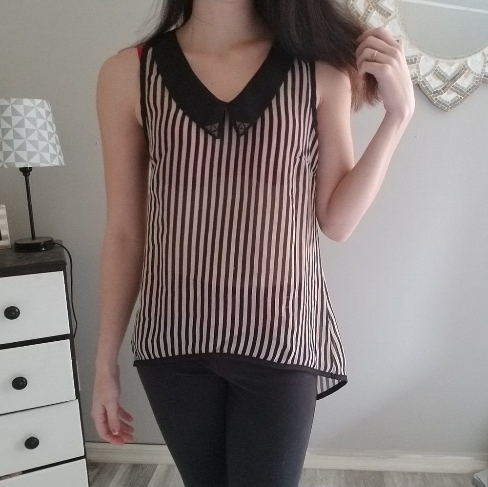 Blu Planet - B&W Striped Blouse Tank w/ Embellish